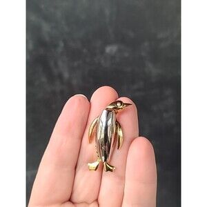 Penguin Two Toned Metal Rhinestone Eye Brooch Vintage Costume Jewelry